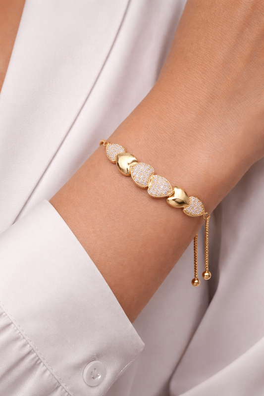 Gold Heart Cubic Zirconia Adjustable Bracelet