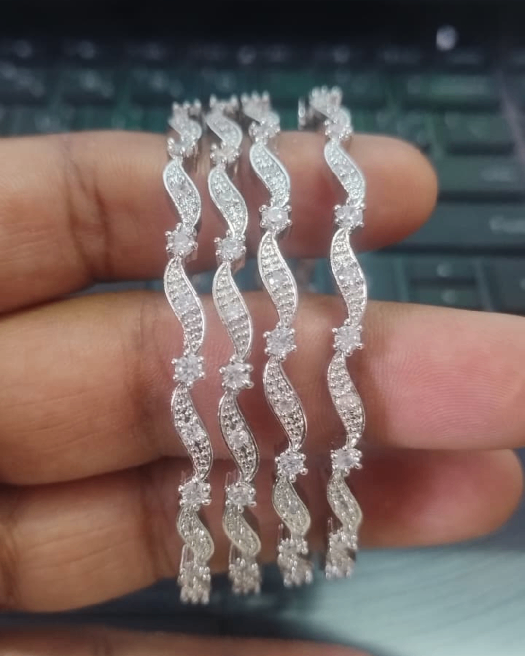 Elegant Rhodium Plated Wave Zircon Designer Bangles Set of 4 | Premium Quality | CZ stone Bangles | American Diamond