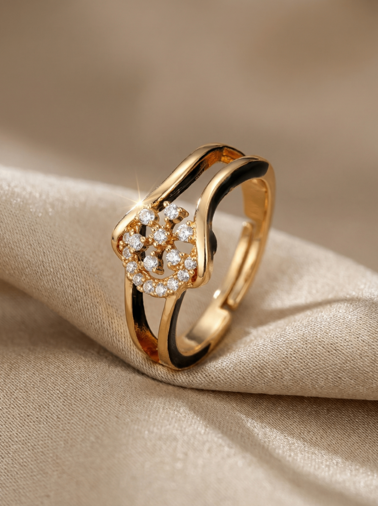 Elegant Floral Cubic Zirconia Stone Ring in Gold Finish | Premium Quality | Adjustable Ring