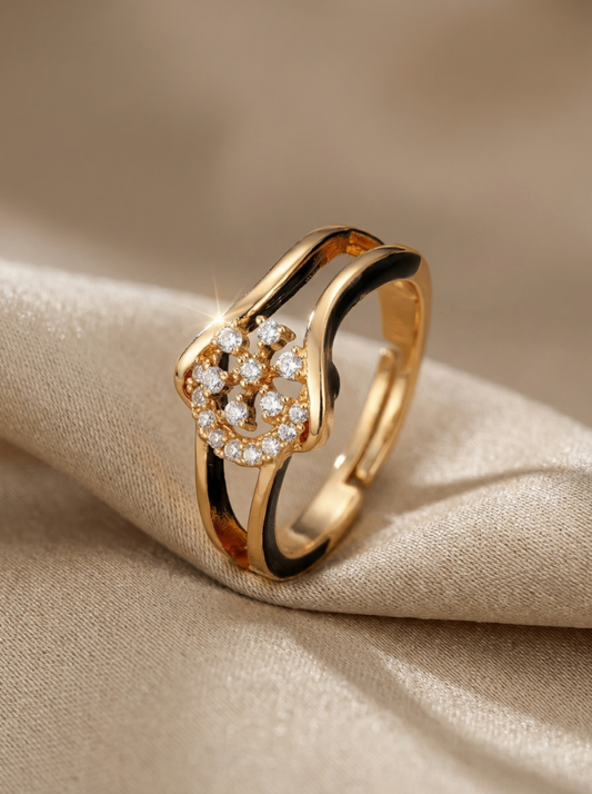 Elegant Floral Cubic Zirconia Stone Ring in Gold Finish | Premium Quality | Adjustable Ring