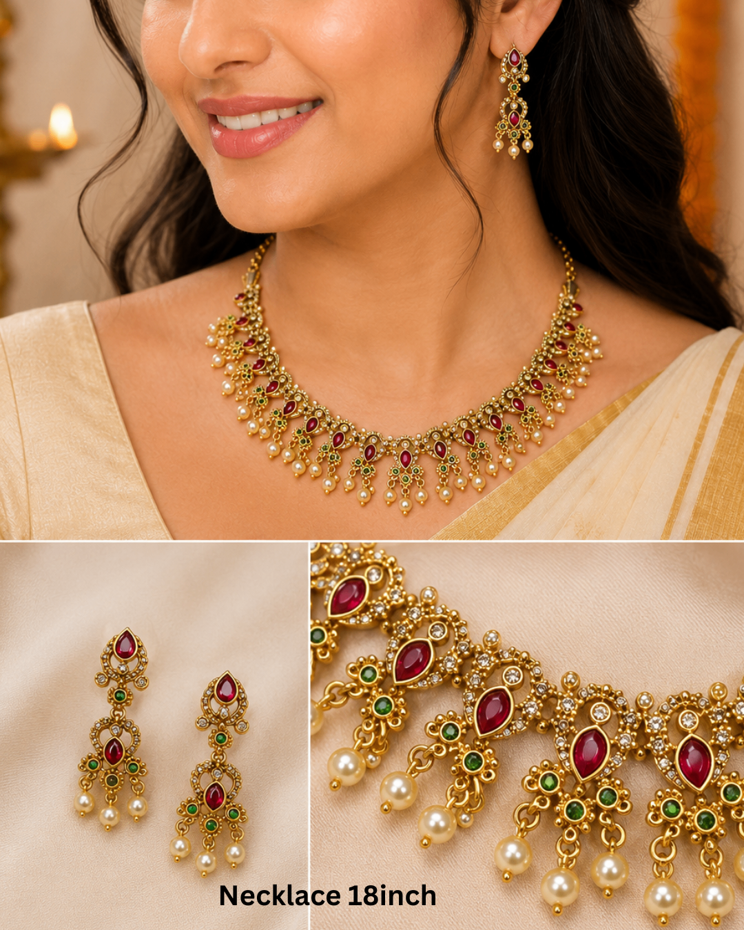 Royal Ruby & Emerald Floral Statement Necklace Set with Pearl Drops