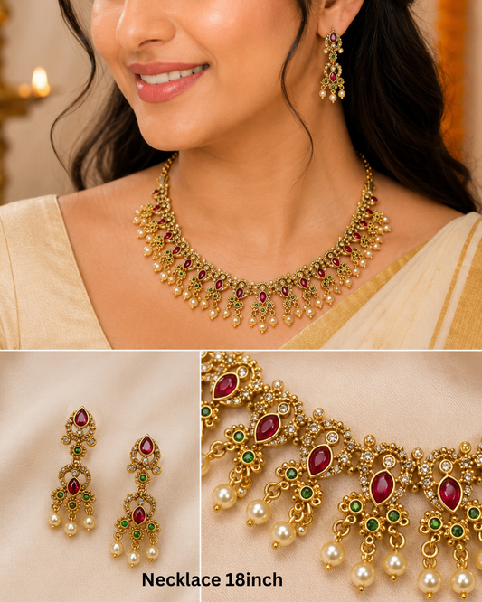 Royal Ruby & Emerald Floral Statement Necklace Set with Pearl Drops