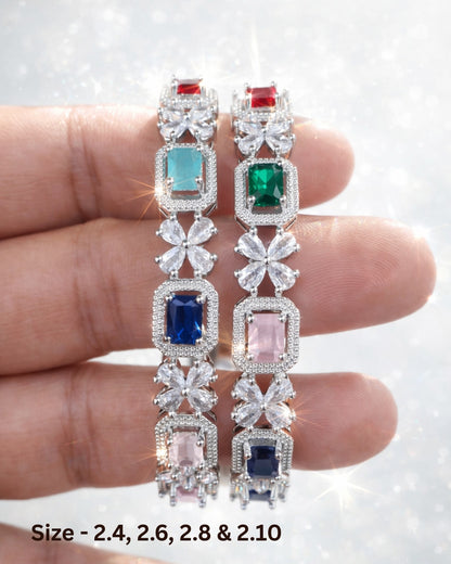 Rhodium Plated Multicolor Rectangle and Flower Zircon Stone Bangle (Set of 2)| Premium Quality | American Diamond | Party wear | TE-ADB-2212-012