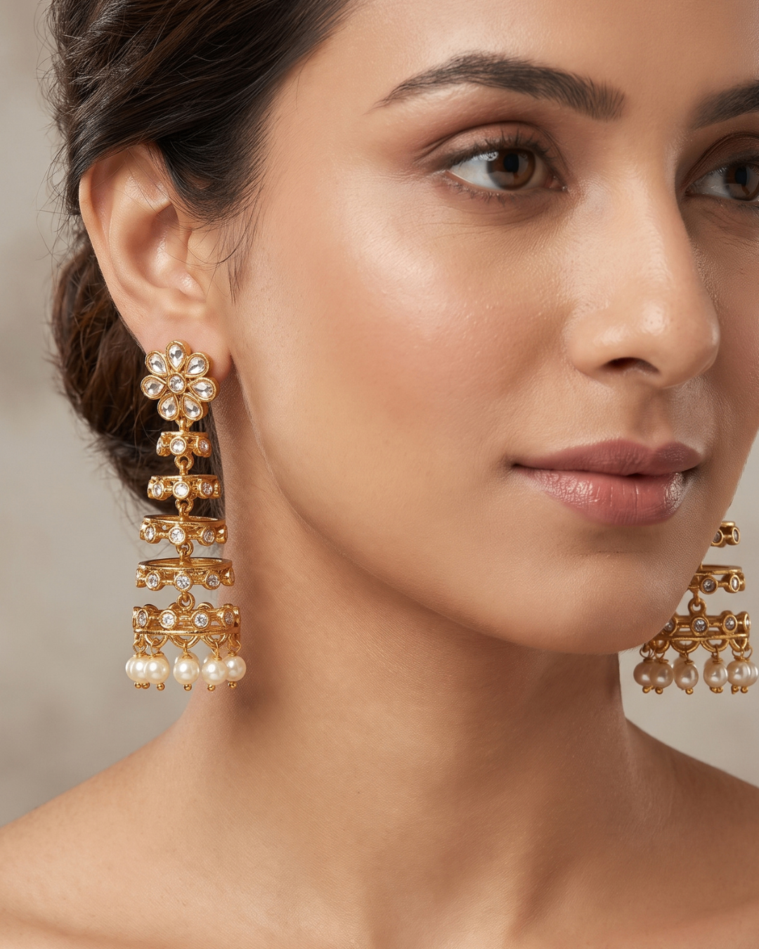 Premium Kundan Floral Pearl Drop Dangler Earrings for Women | Matte Finish Ethnic Earrings