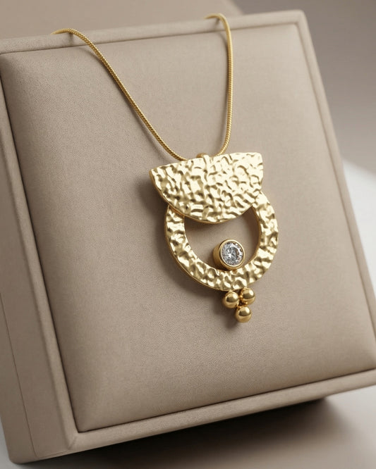 Gold Textured Crescent Pendant Necklace with zircon stone | Anti-tarnish Necklace | Daily wear | TE-GPC-0511-033