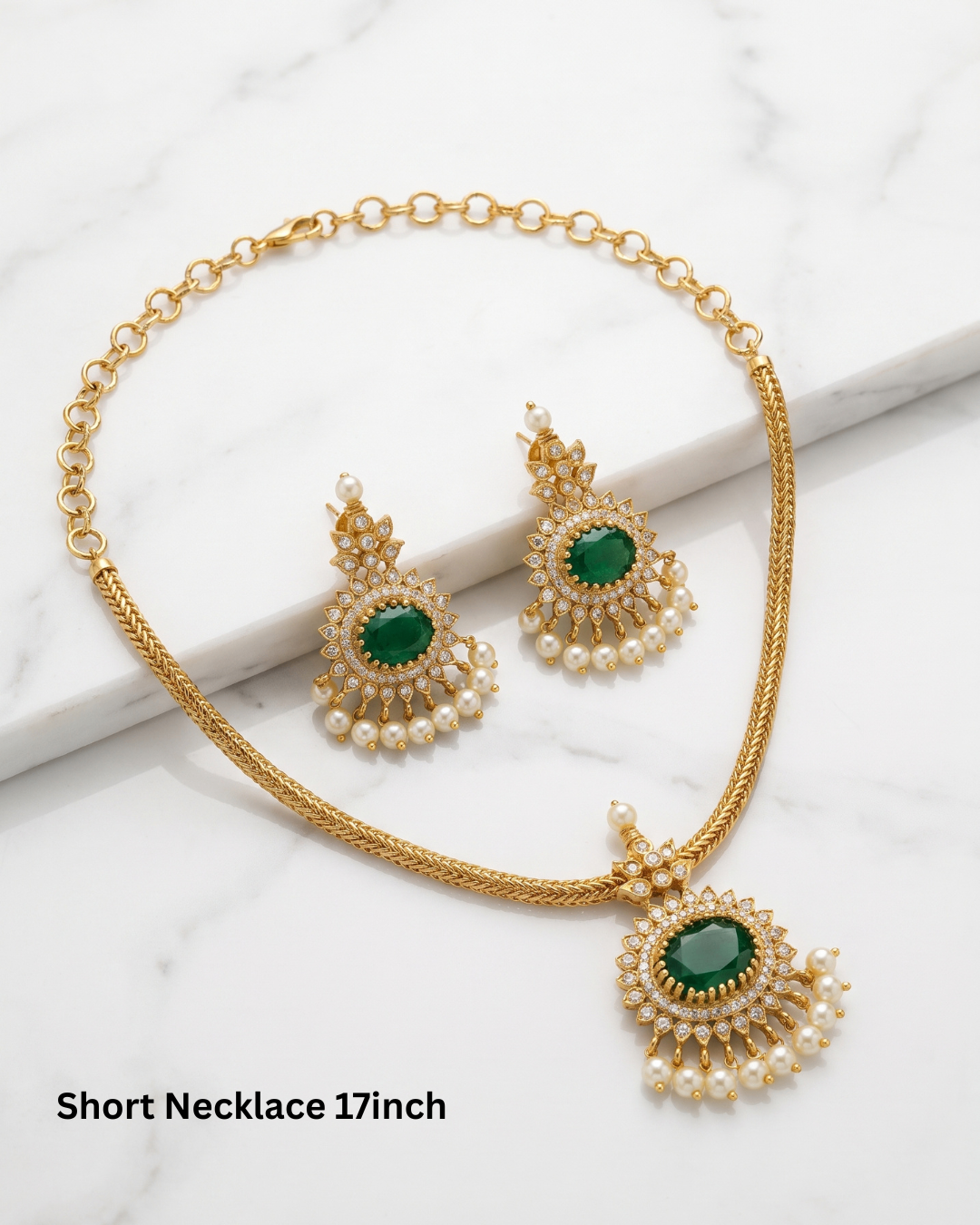 Elegant Gold-Tone Emerald Green Pendant Necklace Set with CZ & Pearl Earrings