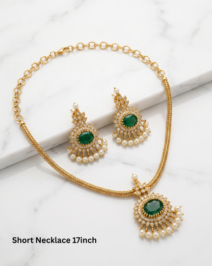 Elegant Gold-Tone Emerald Green Pendant Necklace Set with CZ & Pearl Earrings