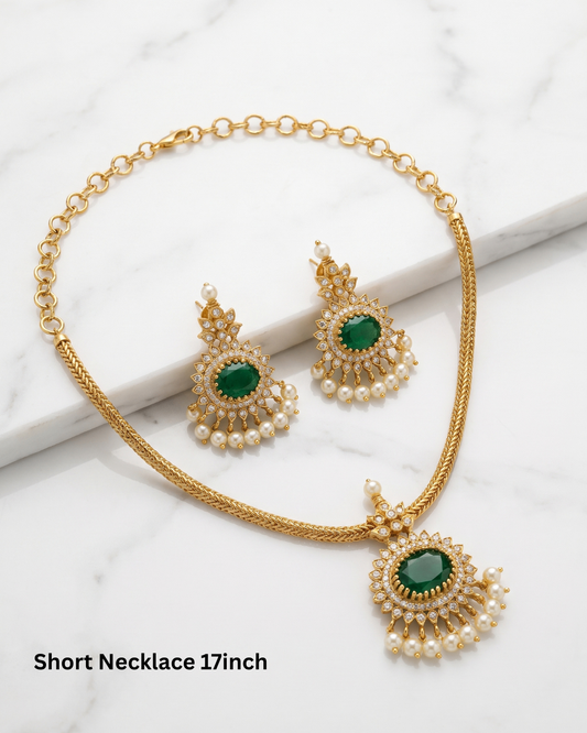 Elegant Gold-Tone Emerald Green Pendant Necklace Set with CZ & Pearl Earrings