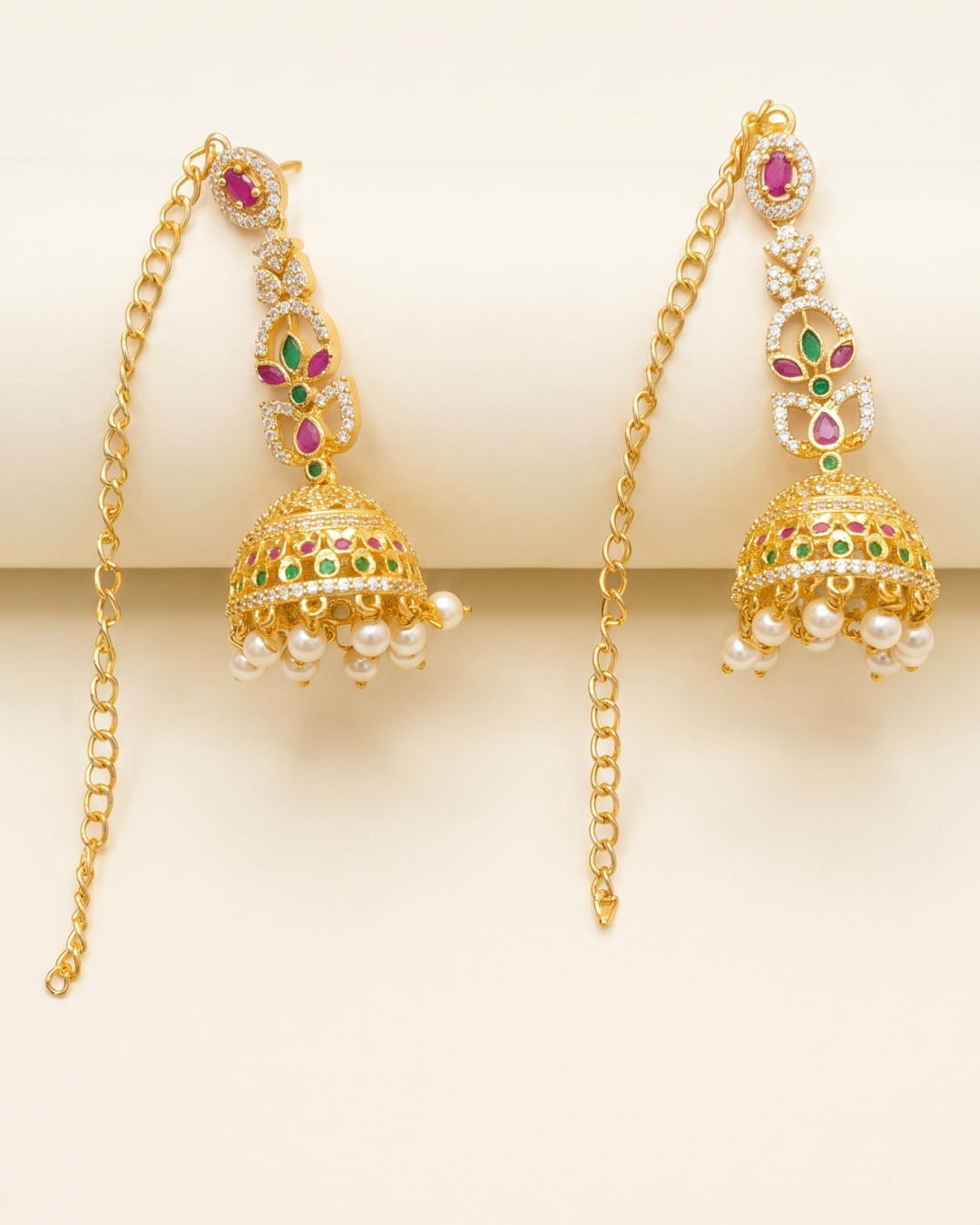 Premium Gold-Plated Jhumka with Ear Chain (Mattal) - Gold Finish