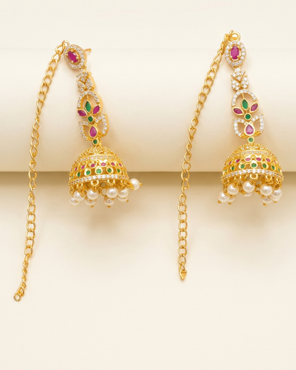 Premium Gold-Plated Jhumka with Ear Chain (Mattal) - Gold Finish