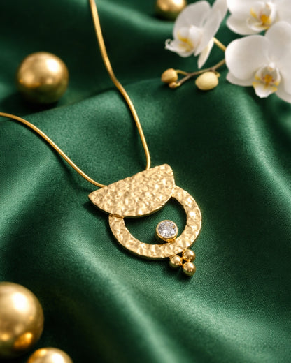 Gold Textured Crescent Pendant Necklace with zircon stone | Anti-tarnish Necklace | Daily wear | TE-GPC-0511-033