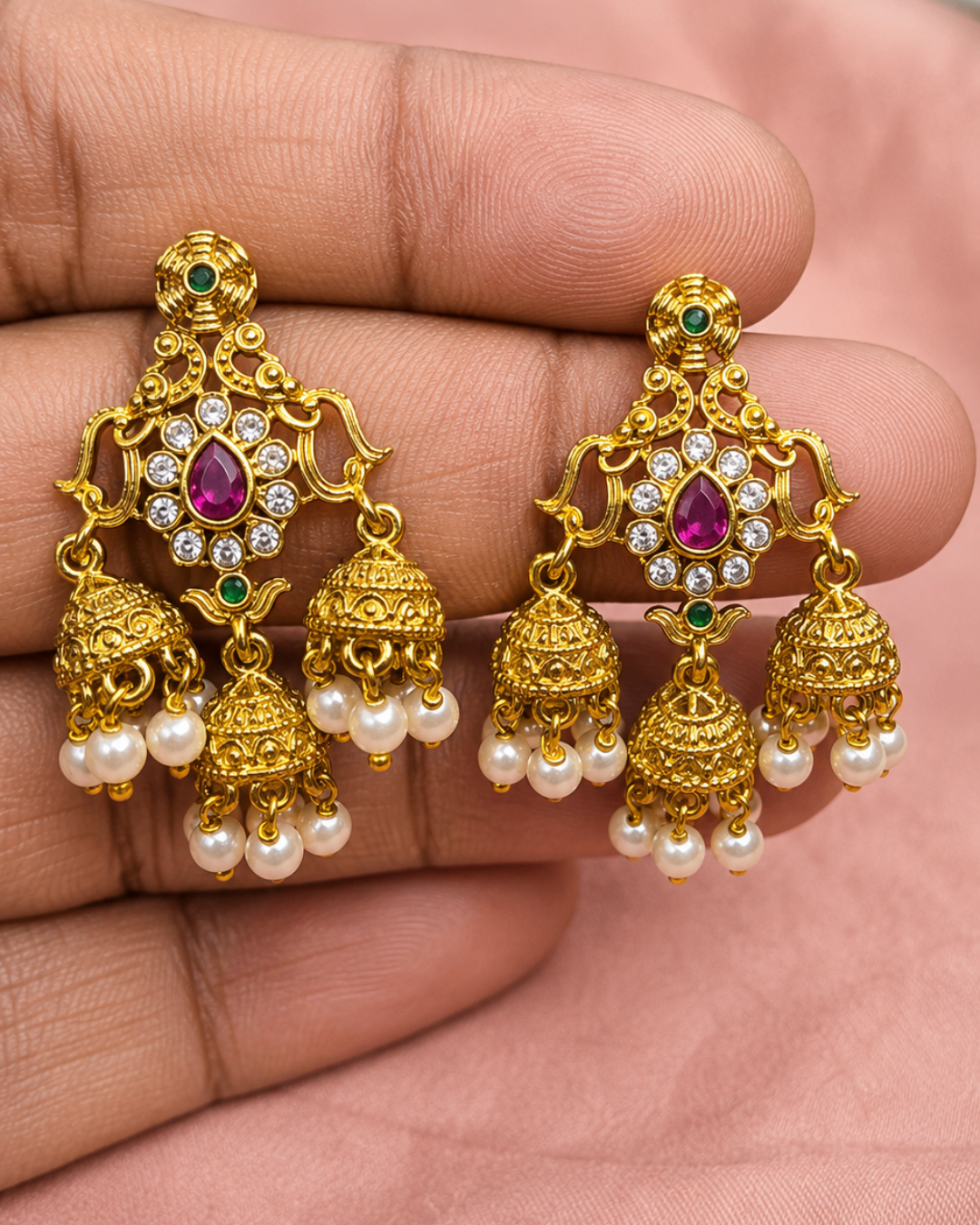Traditional Gold-Tone Jhumka Earrings with Ruby, Green Stones & Pearl Drops