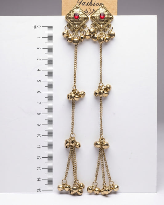Ruby Stone Long Chain Ghungroo Statement Earrings