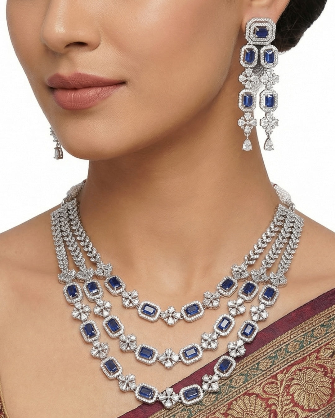 Luxury Blue Sapphire Rhodium Plated 3 Layer  American Diamond Necklace with Earring | Premium Quality | American Diamond | Party wear | TE-ADNE-2212-002