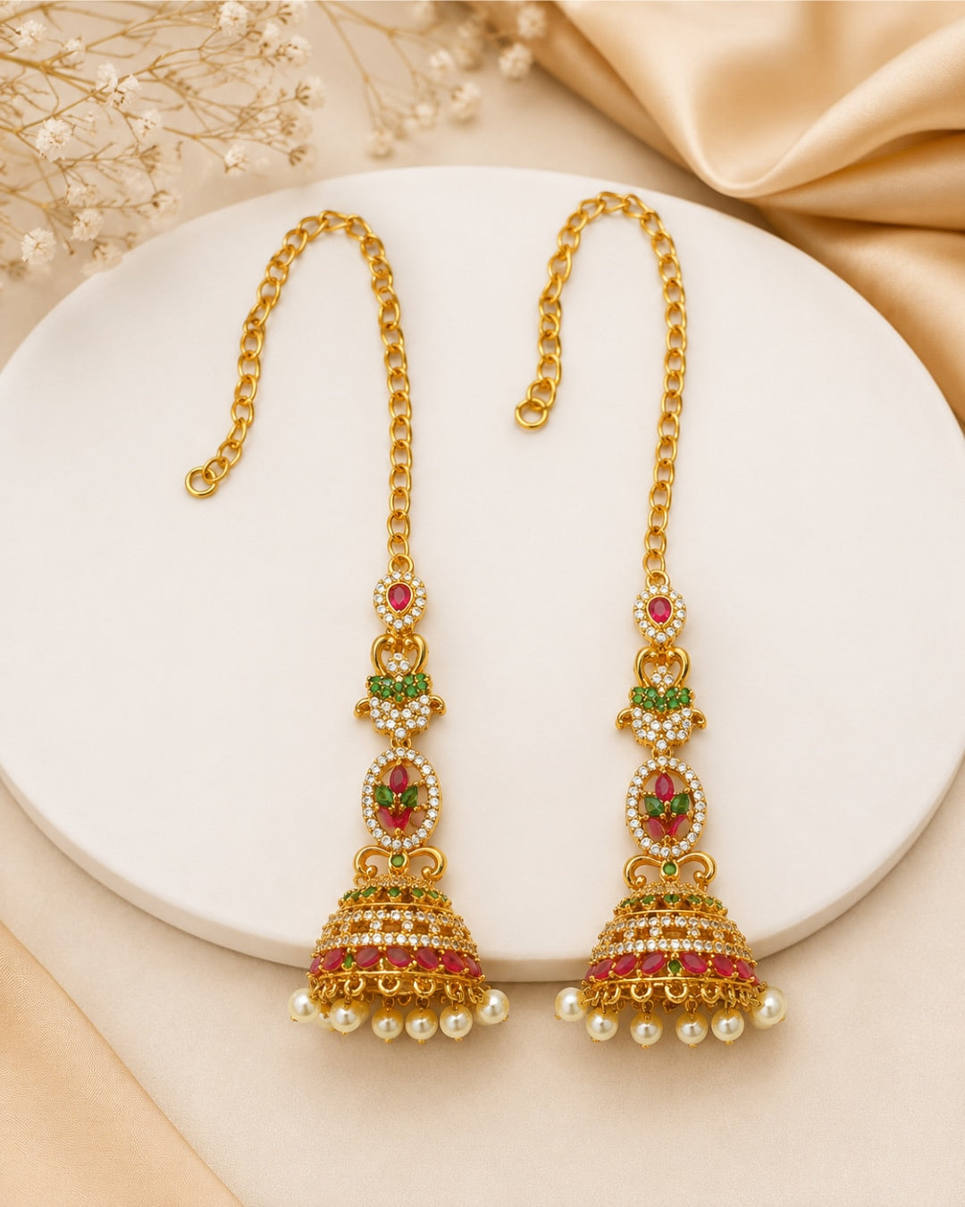 Premium Gold-Plated Jhumka with Ear Chain (Mattal) - Matte Finish