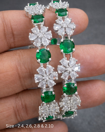 Rhodium Plated Emerald Green Circle and Flower Zircon Stone Bangle (Set of 2) | Premium Quality | American Diamond | Party wear | TE-ADB-2212-004