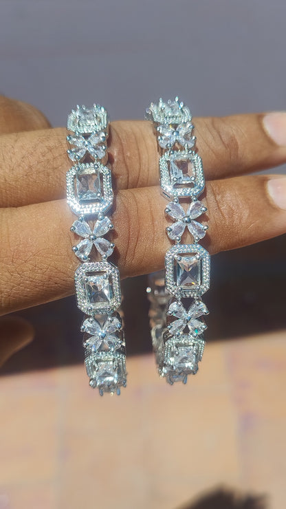 Rhodium Plated White Rectangle and Flower Zircon Stone Bangle (Set of 2) | Premium Quality | American Diamond