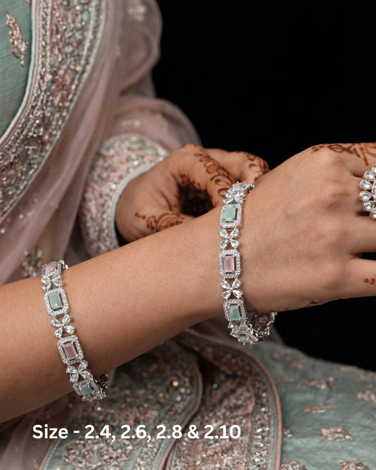 Rhodium Plated Pastel Green & pink Rectangle and Flower Zircon Stone Bangle (Set of 2) | Premium Quality | American Diamond | Party wear | TE-ADB-2212-009