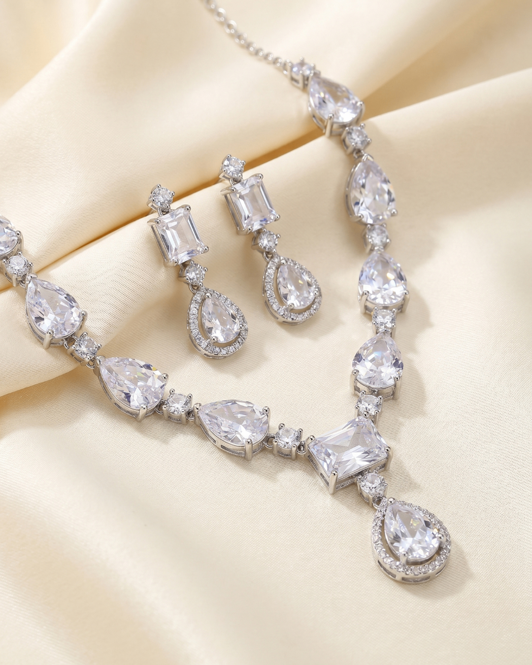 Radiant White AD Teardrop Necklace Set with Earrings | Premium Quality | American Diamond | Party wear
