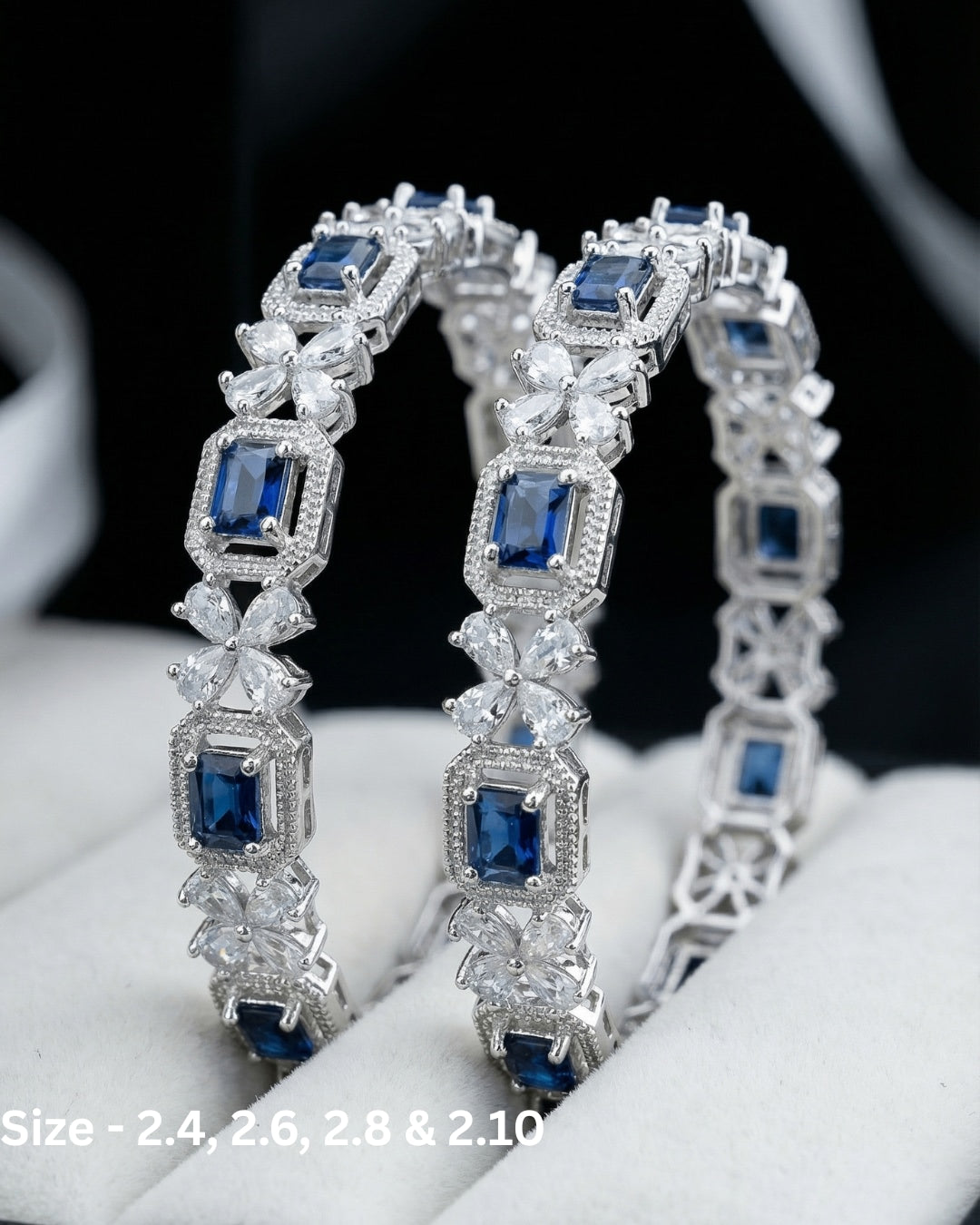 Rhodium Plated Sapphire blue Color Rectangle and Flower Zircon Stone Bangle (Set of 2) | Premium Quality | American Diamond | Party wear | TE-ADB-2212-011