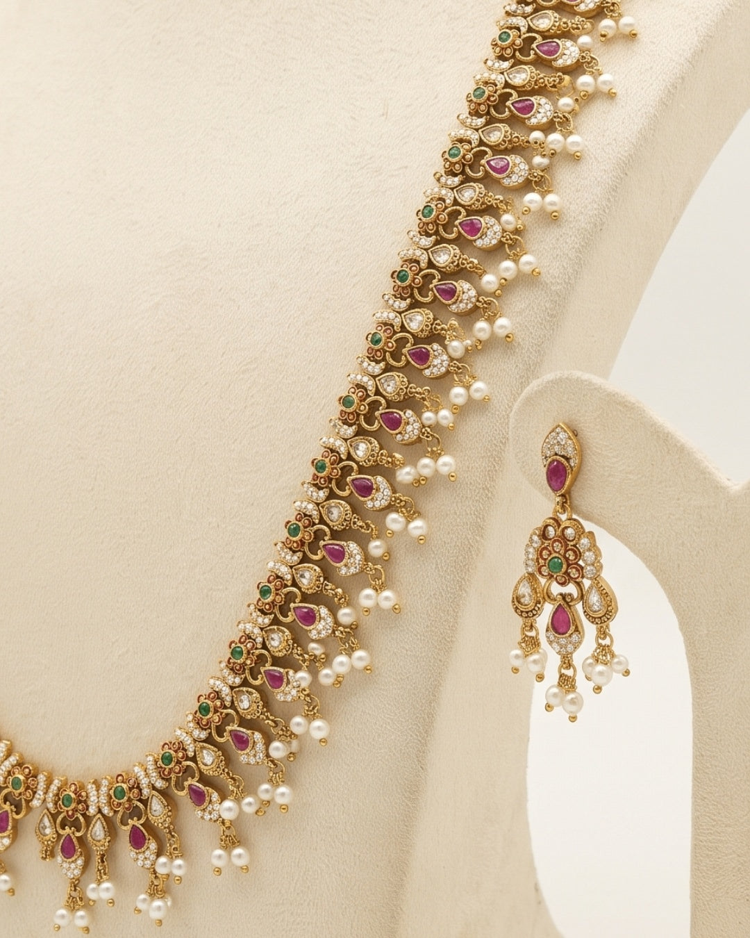 Royal Heritage Gold-Tone Long Haram Necklace Set with Pearl Drops