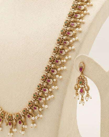 Royal Heritage Gold-Tone Long Haram Necklace Set with Pearl Drops