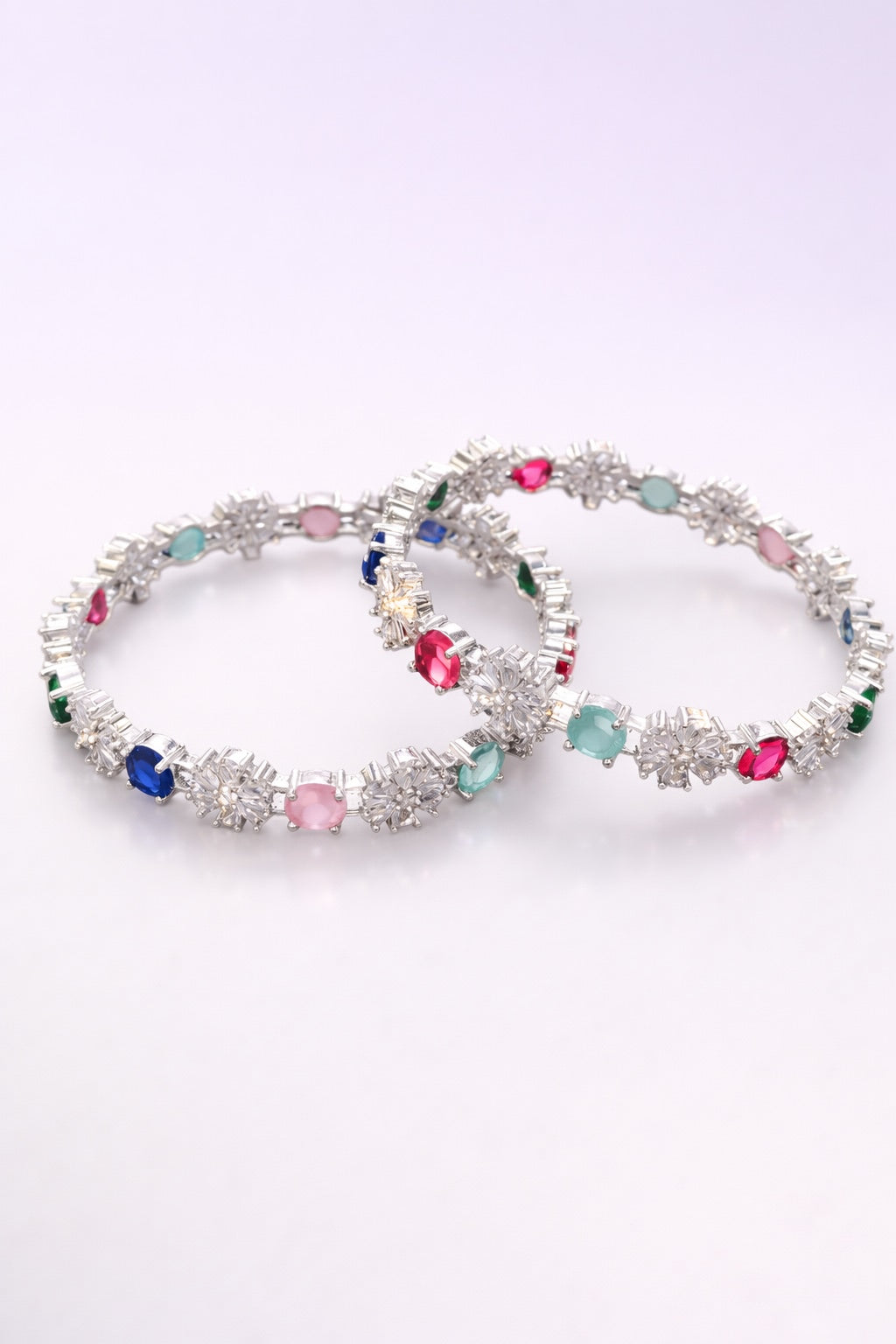Rhodium Plated Multi Color Circle and Flower Zircon Stone Bangle (Set of 2) | Premium Quality | American Diamond | Party wear | TE-ADB-2212-001