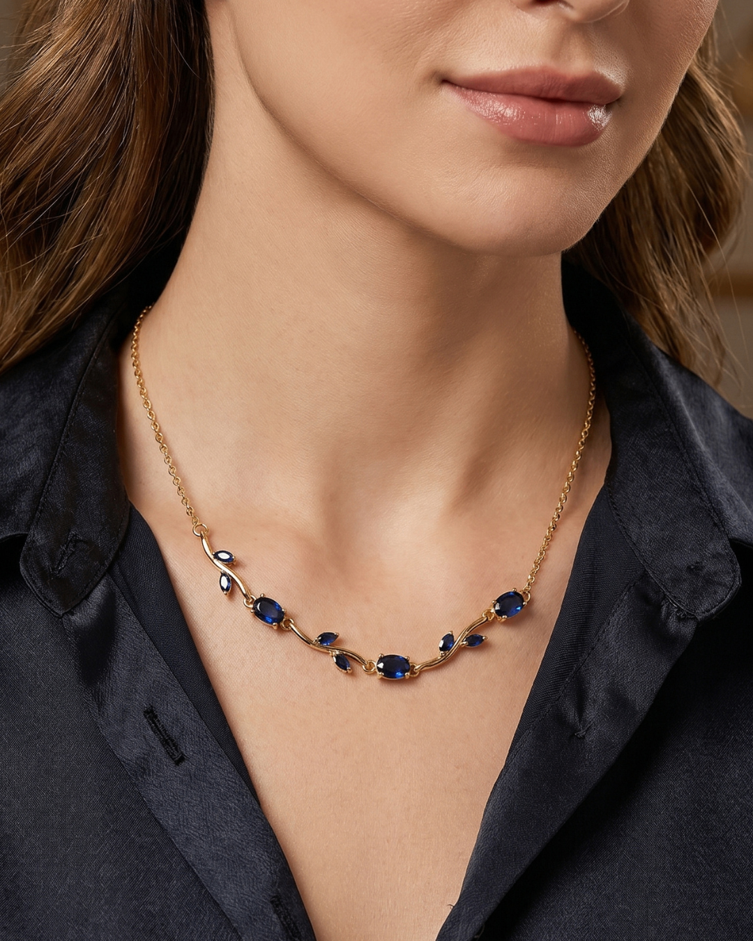 Royal Blue Tulip Necklace in Gold Finish | American Diamomd