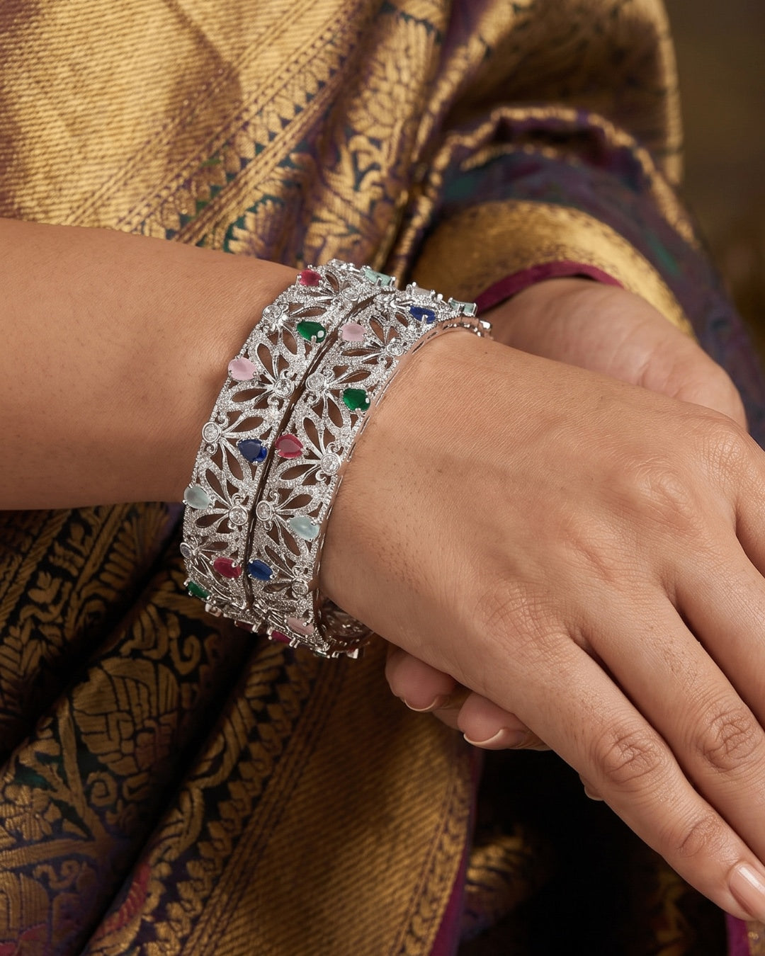 Rhodium Plated Celestia Bloom Multicolor Stone Bangles (Set of 2) | Premium Quality | American Diamond | Party wear