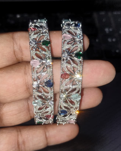 Rhodium Plated Celestia Bloom Multicolor Stone Bangles (Set of 2) | Premium Quality | American Diamond | Party wear