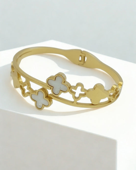 Elegant White Clover Bracelet | Stainless Steel Gold Plated | Women Anti-tarnish bracelet | Kada Bracelet | TE/GPK/2511/008