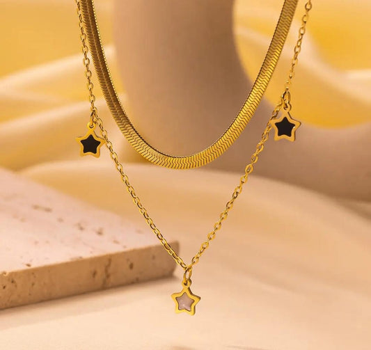 Double Layer Star Pendant Necklace | Stainless Steel Gold Plated | Anti-tarnish Necklace | Daily wear | TE-GPC-0511-020