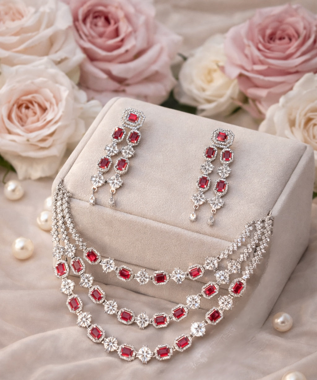 Rhodium Plated 3 Layer Ruby American Diamond Necklace with Earring | Premium Quality | American Diamond | Party wear | TE-ADNE-2212-001