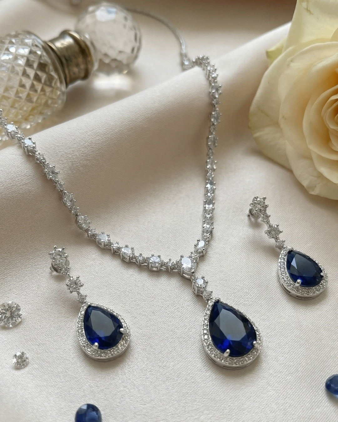 Royal Blue Teardrop American Diamond Necklace Set with Earrings | Premium Quality | American Diamond | Party wear | TE-ADNE-2212-008