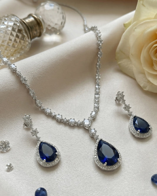 Royal Blue Teardrop American Diamond Necklace Set with Earrings | Premium Quality | American Diamond | Party wear | TE-ADNE-2212-008