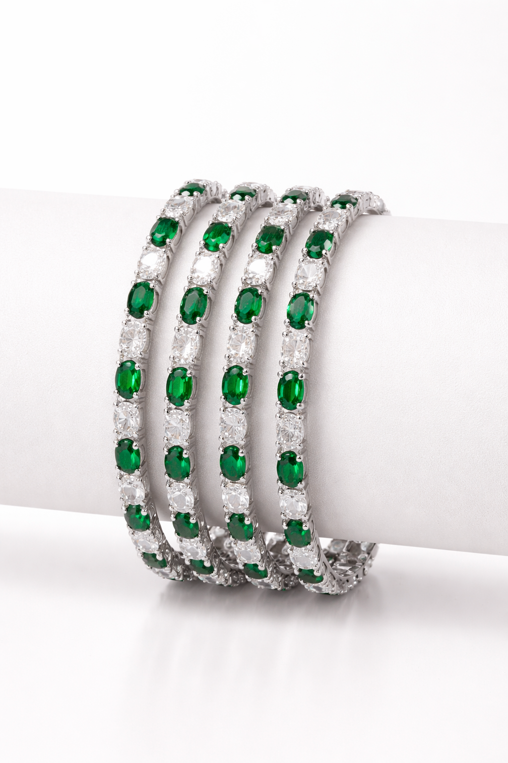 Rhodium Plated Emerald Green Cubic Zirconia Stones Bangle Set of 4 | American Diamond