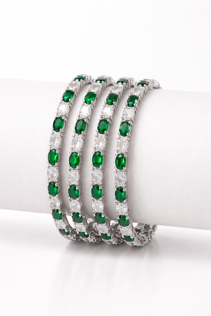 Rhodium Plated Emerald Green Cubic Zirconia Stones Bangle Set of 4 | American Diamond