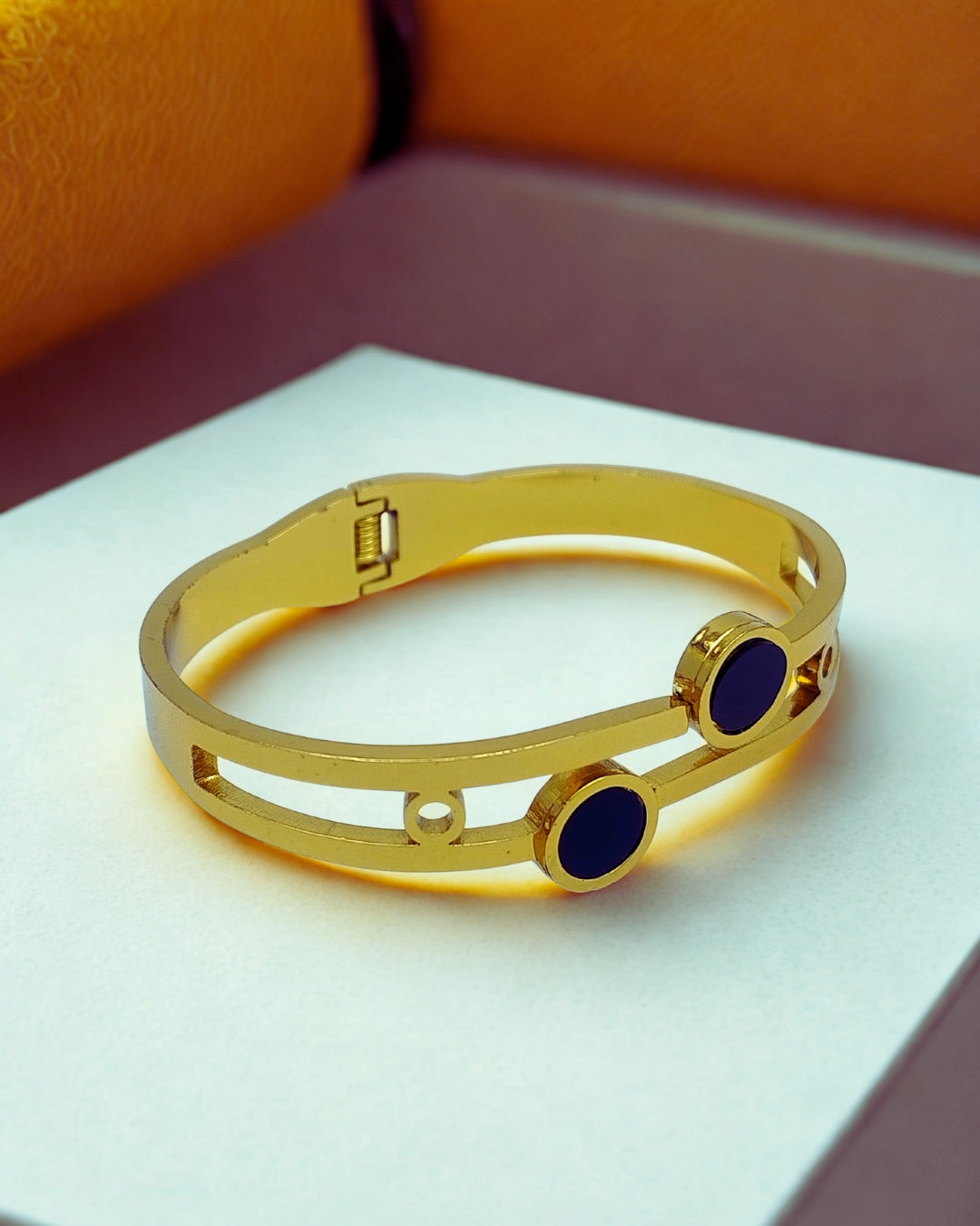 Black Round Accents Gold-Plated Bracelet | Premium Quality | Elegant Kids Jewelry | Stainless Steel Gold Plated | TE-GPKB-2311-006