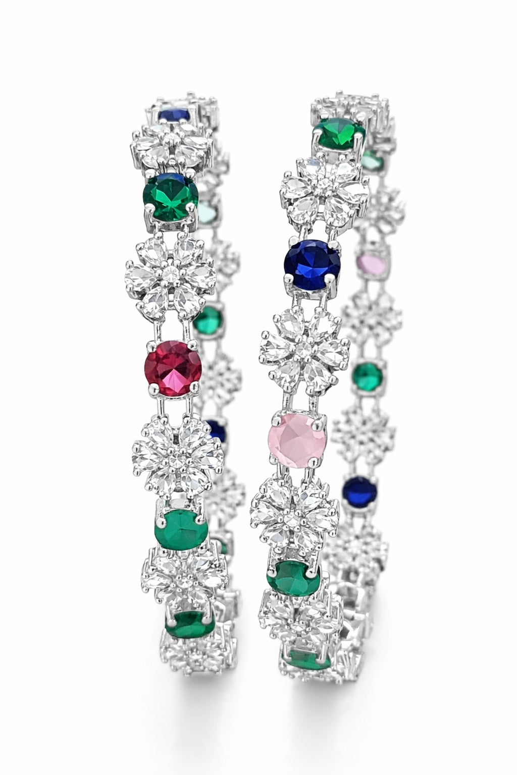 Rhodium Plated Multi Color Circle and Flower Zircon Stone Bangle (Set of 2) | Premium Quality | American Diamond | Party wear | TE-ADB-2212-001