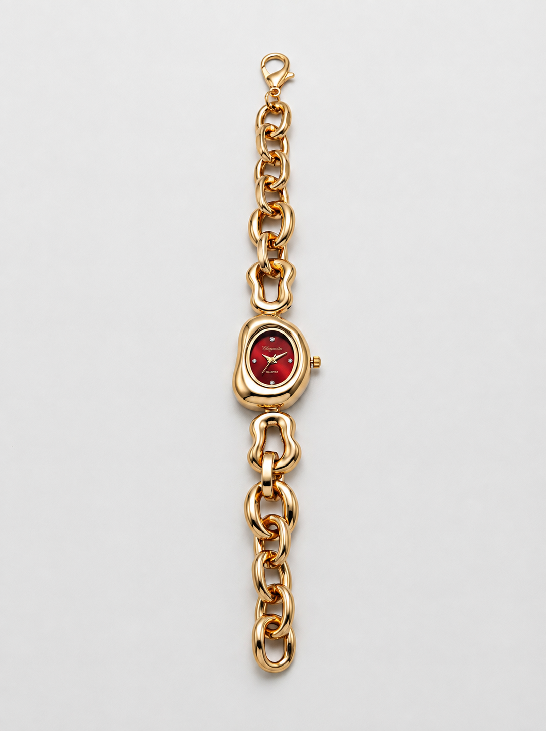 Gold Tone Oval Chain Bracelet Watch for Women with Red Dial