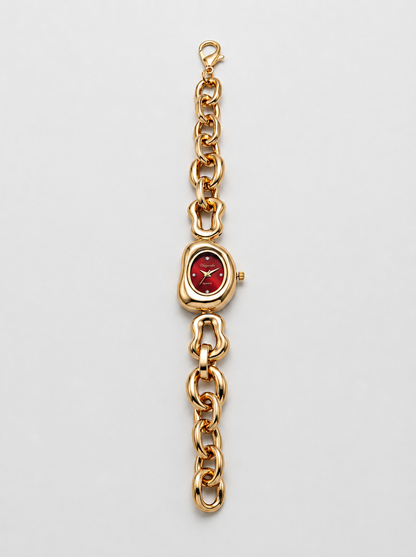 Gold Tone Oval Chain Bracelet Watch for Women with Red Dial