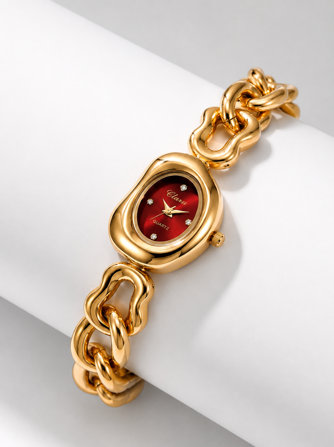 Gold Tone Oval Chain Bracelet Watch for Women with Red Dial