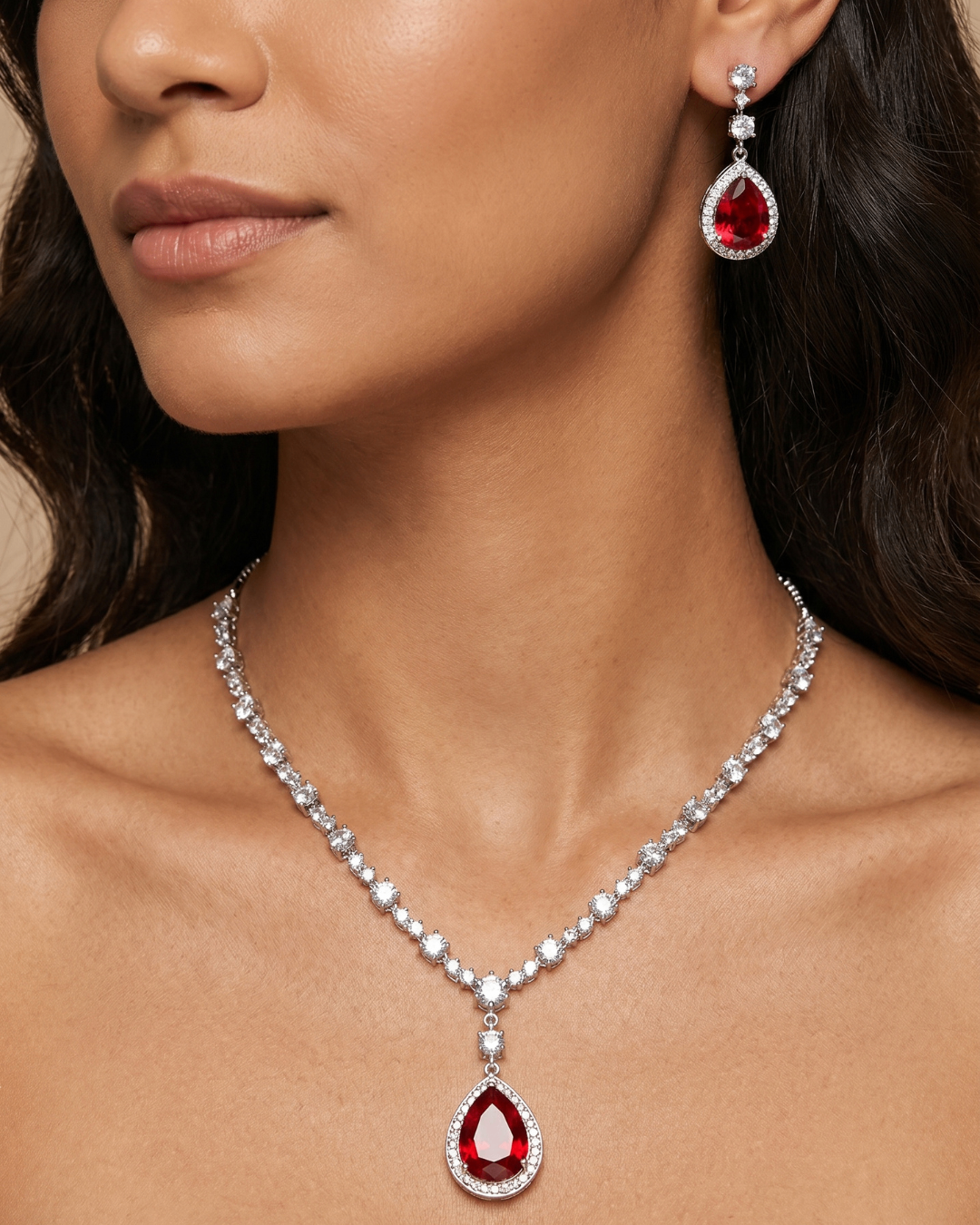 Ruby Drop AD Necklace & Earrings Set | Premium Quality | American Diamond | Party wear