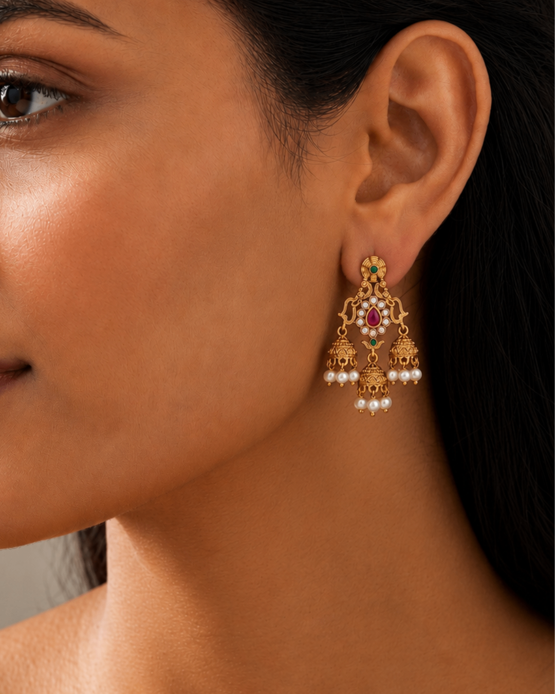 Traditional Gold-Tone Jhumka Earrings with Ruby, Green Stones & Pearl Drops