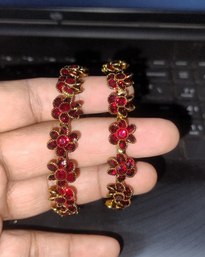 Ruby Bloom Floral Bangles (Set of 2) Premium Quality | American Diamond | Party wear