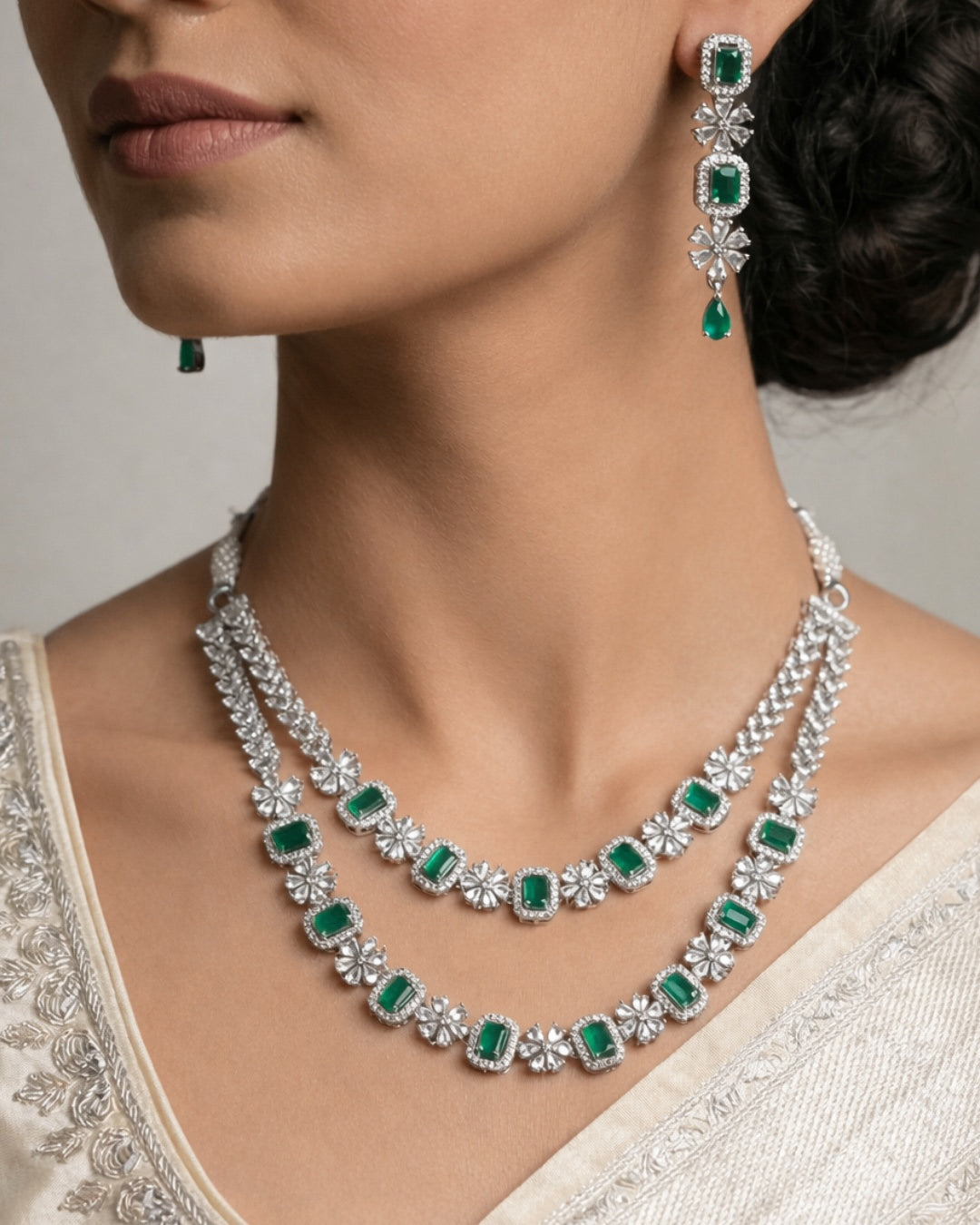 Emerald Diamond 2 Layer Necklace Set with Long Earrings | Premium Quality | American Diamond | Party wear | TE-ADNE-2212-005