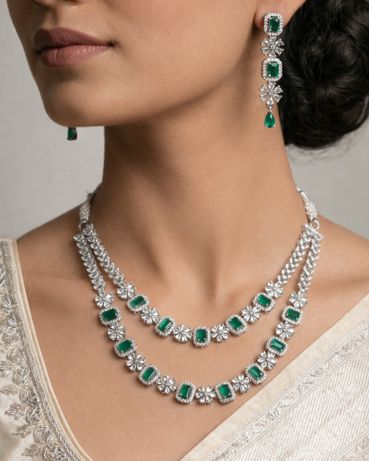 Emerald Diamond 2 Layer Necklace Set with Long Earrings | Premium Quality | American Diamond | Party wear | TE-ADNE-2212-005