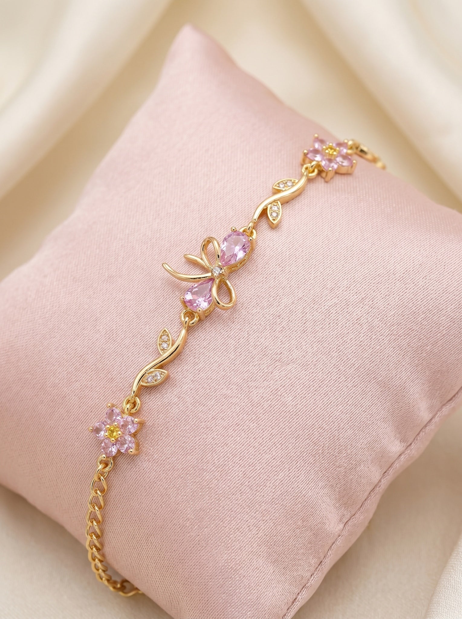 Gold Plated Pink Floral Stone Bracelet with Leaf Design | Premium Quality | Cubic Zirconia