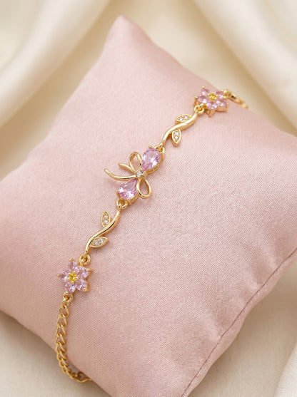 Gold Plated Pink Floral Stone Bracelet with Leaf Design | Premium Quality | Cubic Zirconia