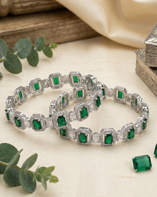 Luxury Emerald-Cut Green and White Stone Bangle(Set of 2) | American Diamond | Premium Quality